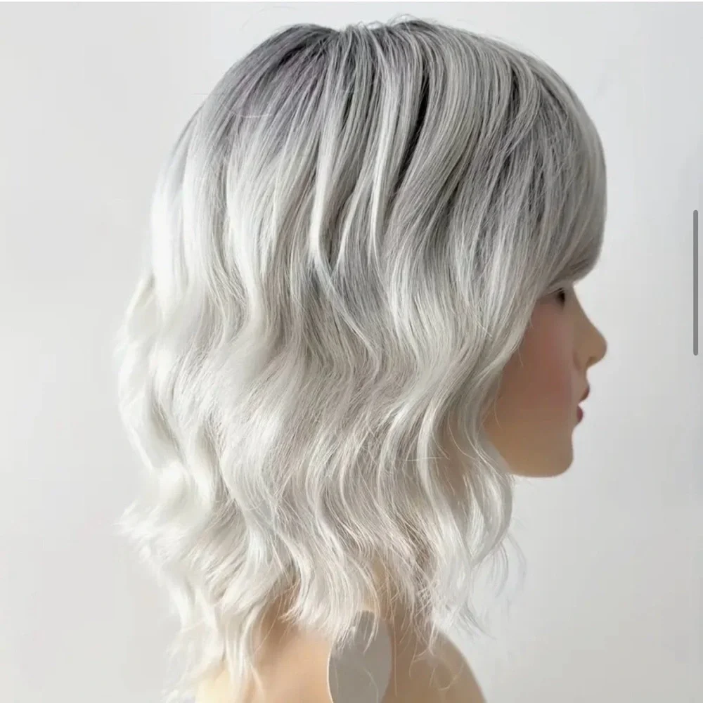 Silvery Grey Platinum Blonde Curly Women's 12” Wig with Bangs - Picture 2 of 16